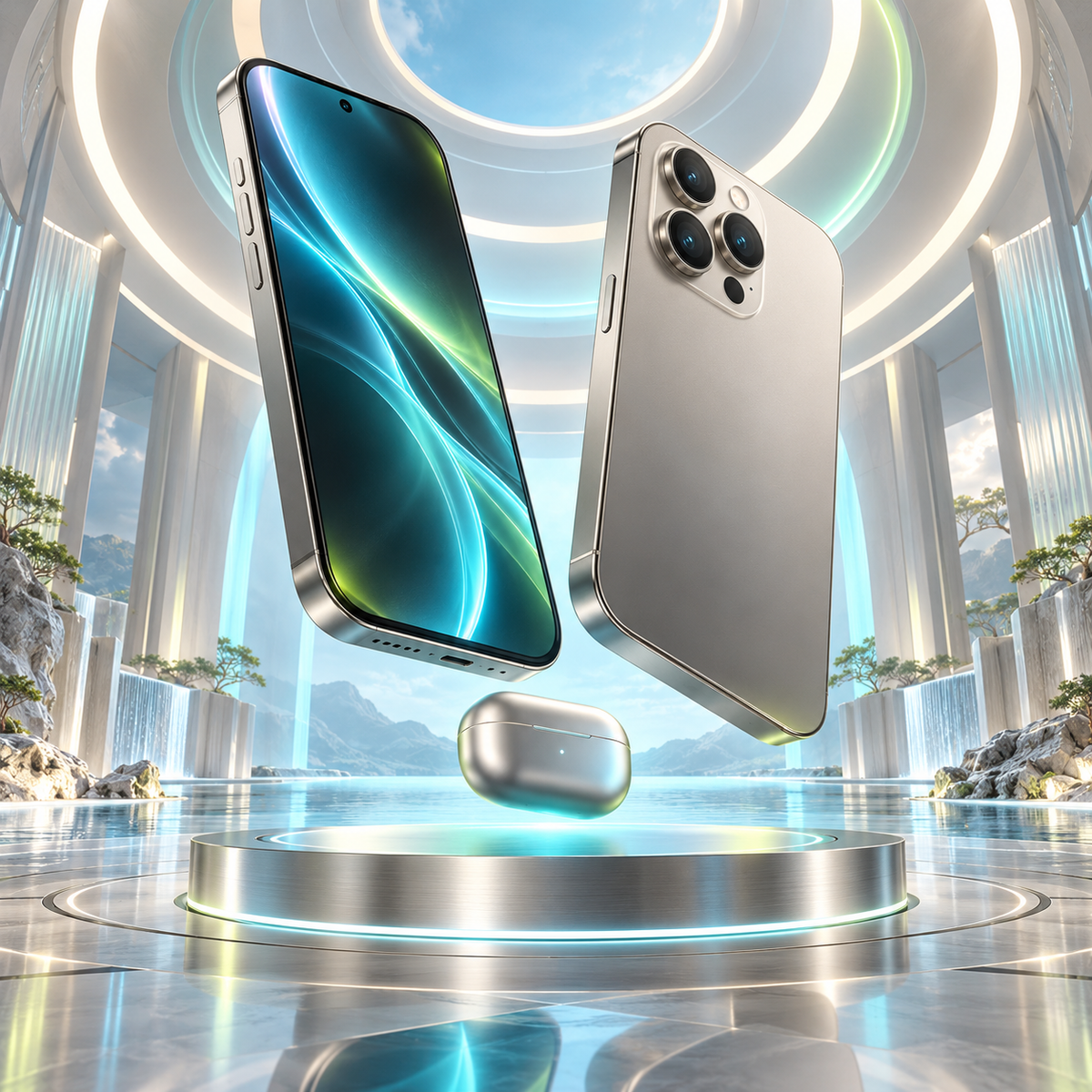 Concept smartphones and earbuds floating in a grand pearl studio with cyan and lime illuminated rings