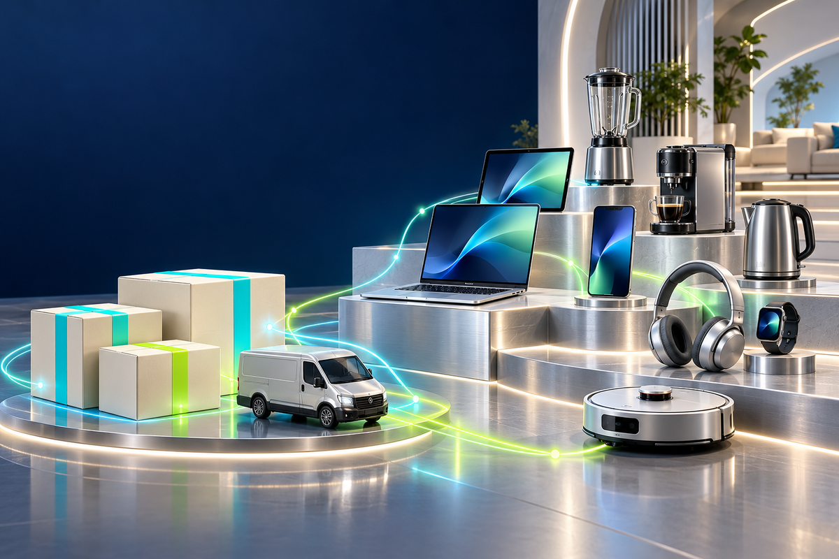Concept electronics and home appliances with shipping parcels and delivery van in cyan and lime lighting