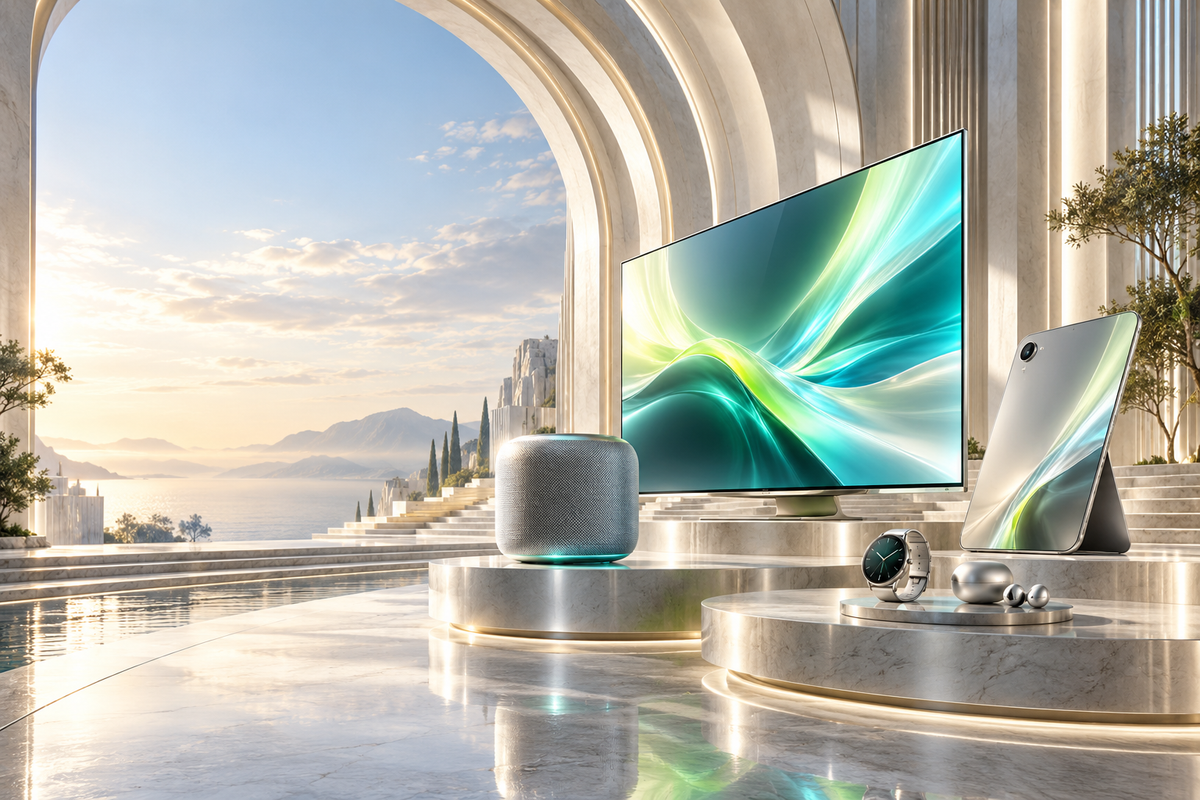Concept screen, tablet, speaker, watch and earbuds in a luxury pearl architectural gallery