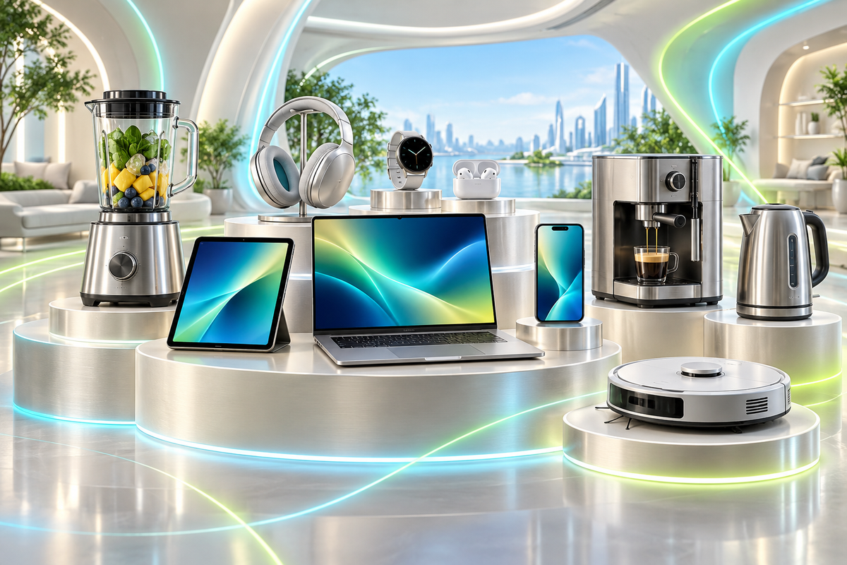 Concept collection of personal electronics, blender, coffee machine, kettle and robot vacuum in a pearl showroom with cyan and lime light