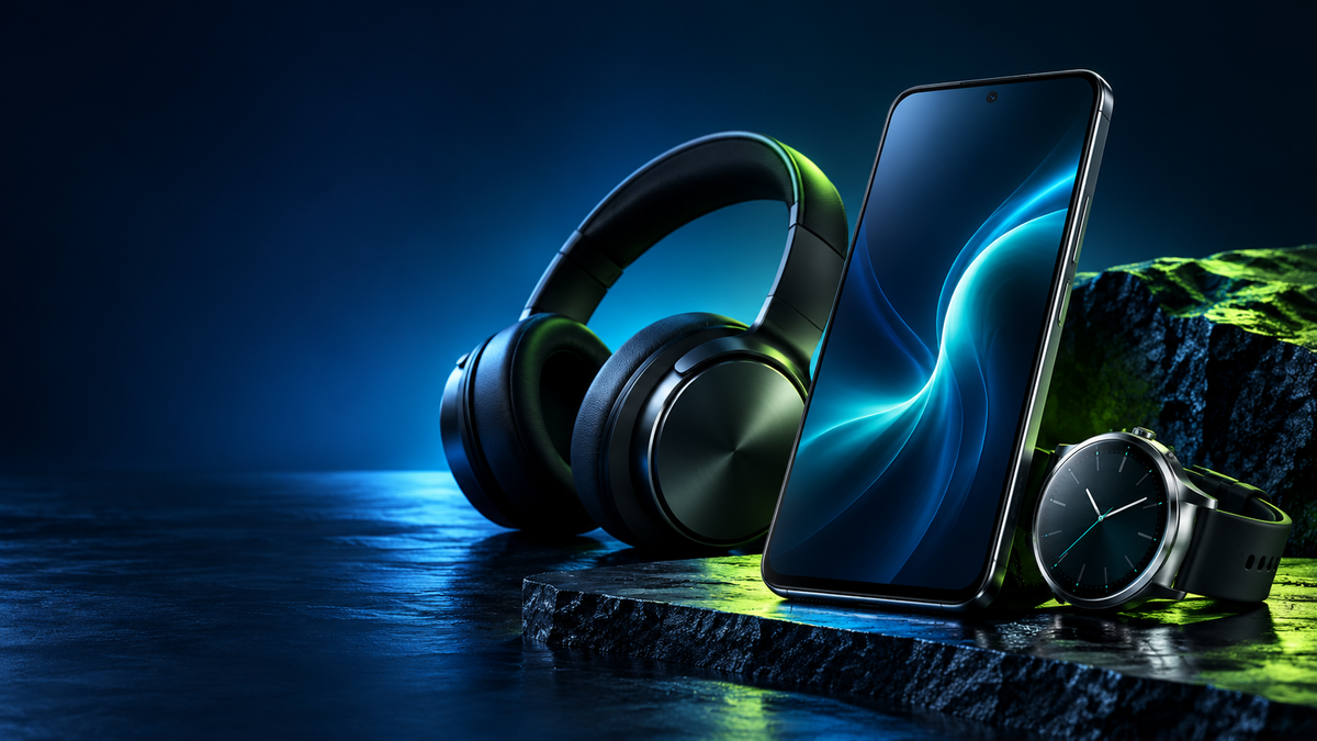 Concept smartphone, headphones and smartwatch with cyan and lime studio lighting